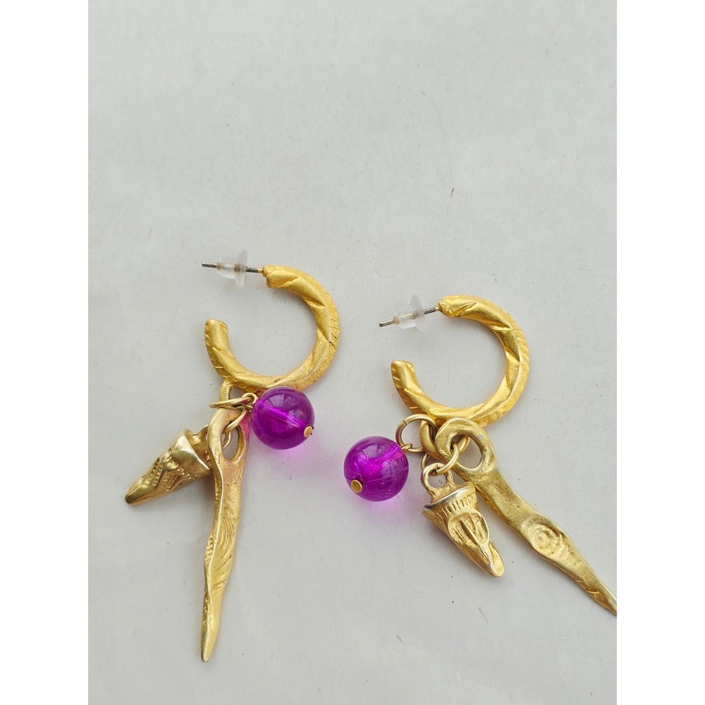 Vintage Gold Tone horn Dangle Hoop Earrings Purple Bead Spike Charms bohemian